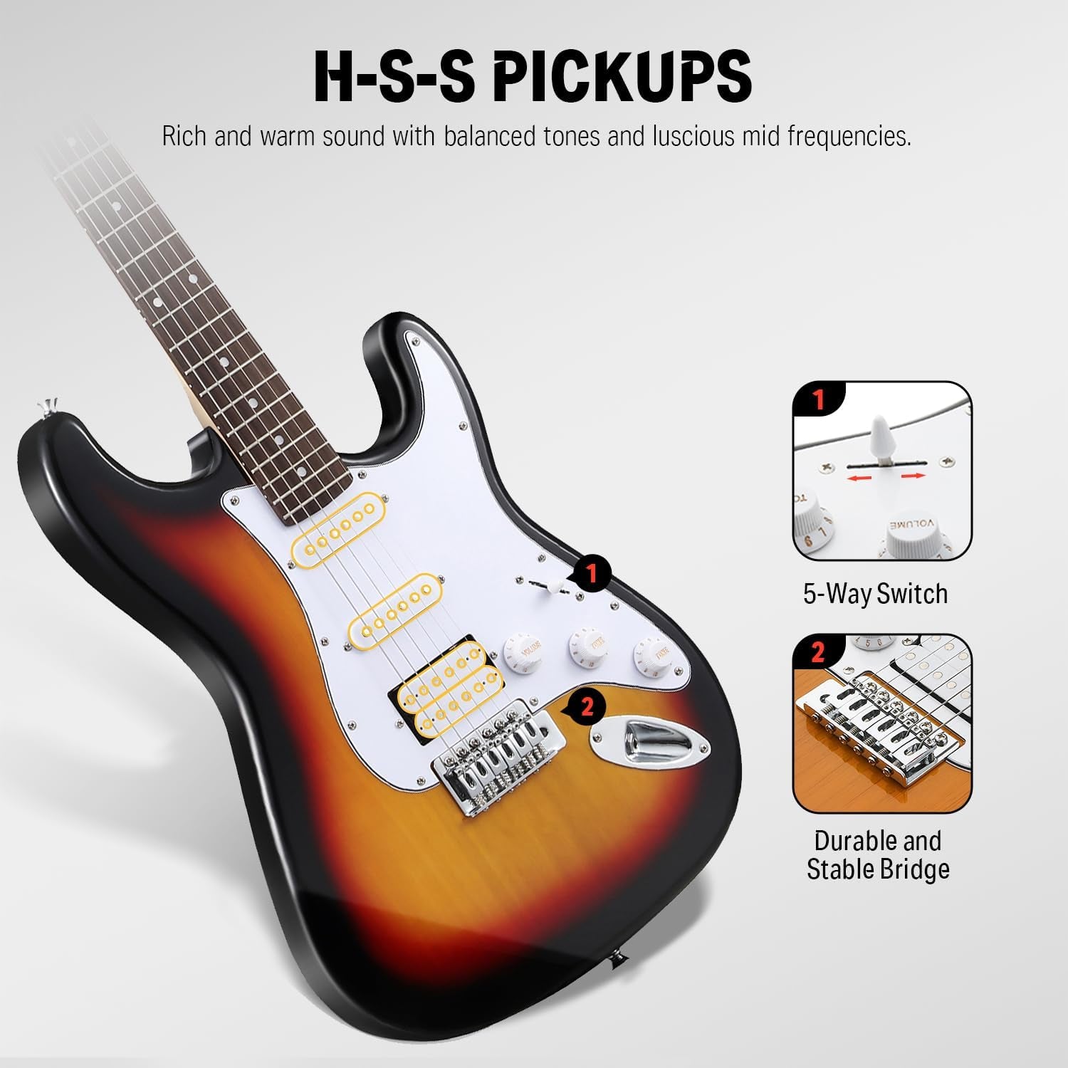 DST-100S 39 Inch Full Size Electric Guitar Kit Solid Body Sunburst, Beginner Starter, with Amplifier, Bag, Capo, Strap, String, Tuner, Cable, Picks