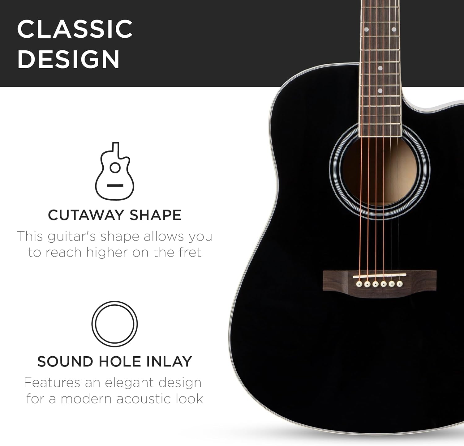 41In Beginner Acoustic Guitar Full Size All Wood Cutaway Guitar Starter Set W/Case, Strap, Capo, Strings, Picks - Black