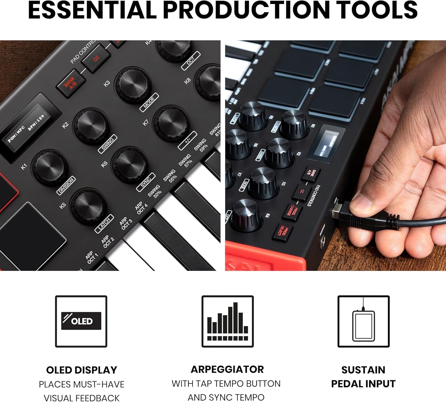 AKAI, 25 Key USB MIDI Keyboard Controller with 8 Drum Pads, 8 Assignable 360 Degree Knobs and Pro Software Suite Included, MPK Mini (MPKMINI3)