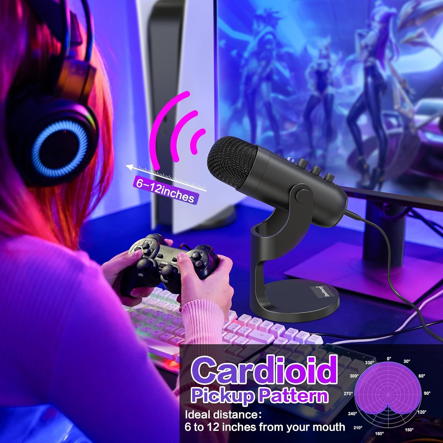 USB Microphone,Condenser Computer PC Mic,Plug&Play Gaming Microphones for PS 4&5.Headphone Output&Volume Control,Mic Gain Control,Mute Button Vocal,Youtube Podcast on Mac&Windows(Black)