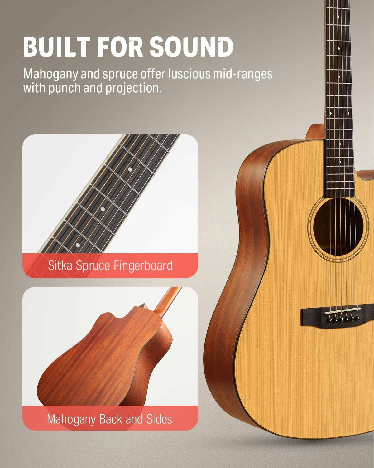 41” Acoustic Guitar Bundle for Beginners Adults with Online Lesson, 4/4 Full Size Steel Acustica Guitarra with Gig Bag, Tuner, Strap, Strings, Picks, Capos, Cutaway, Natural, DAG-1C/DAD-110C