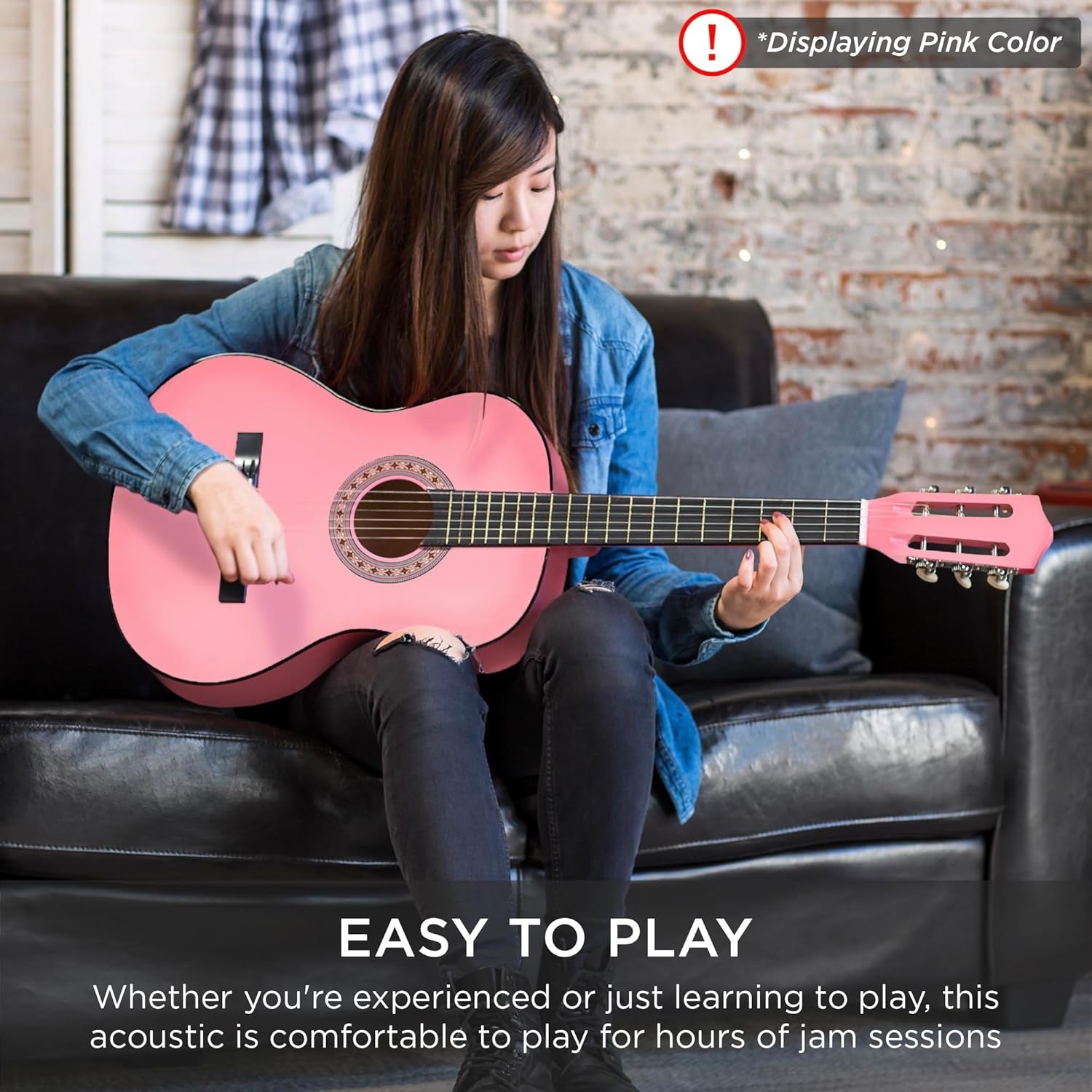 38In Beginner All Wood Acoustic Guitar Starter Kit W/Gig Bag, 6 Picks, Nylon Strings, Strap W/Pick Holder - Black