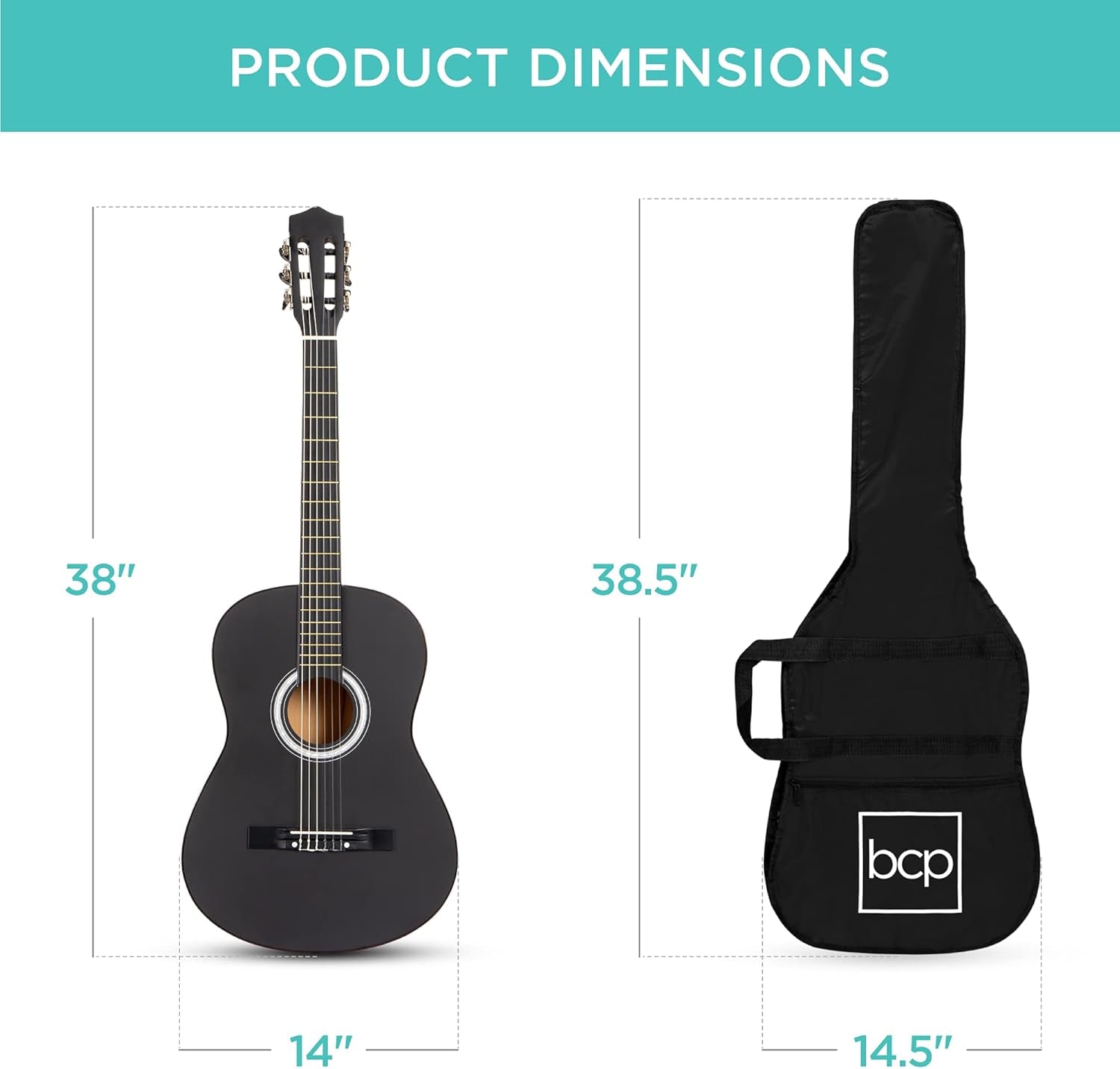38In Beginner All Wood Acoustic Guitar Starter Kit W/Gig Bag, 6 Picks, Nylon Strings, Strap W/Pick Holder - Black