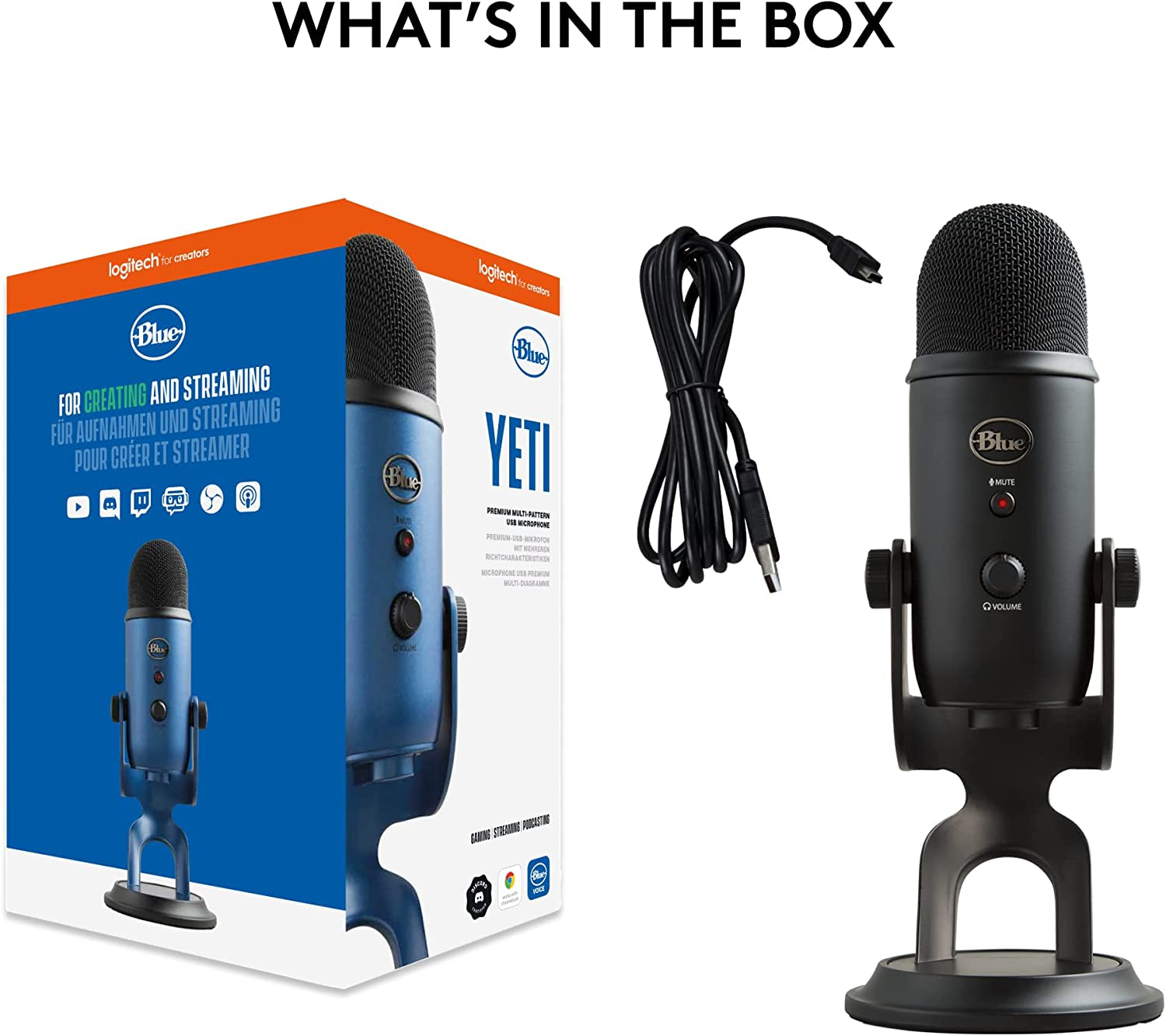 Yeti USB Microphone for Gaming, Streaming, Podcasting, Twitch, Youtube, Discord, Recording for PC and Mac, 4 Polar Patterns, Studio Quality Sound, Plug & Play-Blackout
